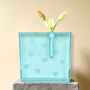 Vintage Block Bud Vase Art Glass Stephen Schlanser Signed Embossed Hearts 1999‎